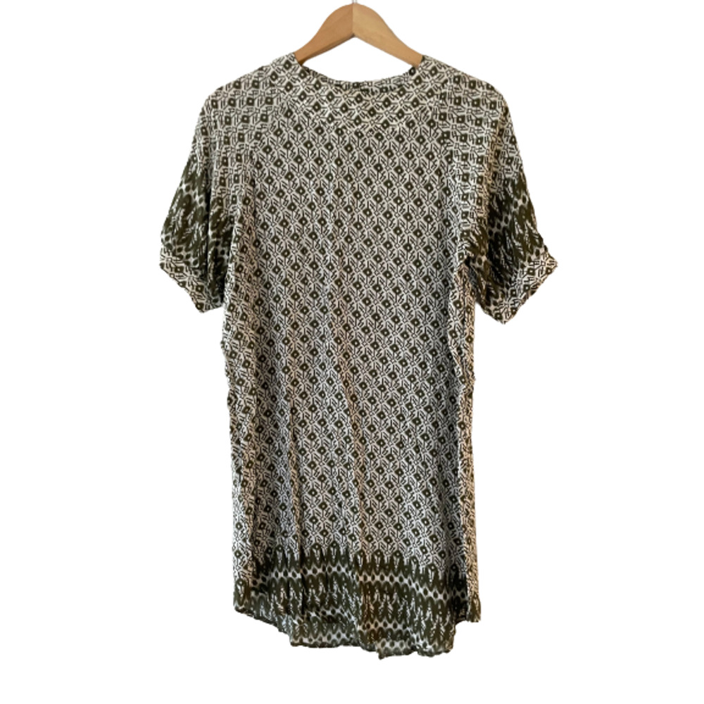 Pinkyotto Olive Green White Ikat Geometric Short Sleeve Shift‎ Mini Dress S/M